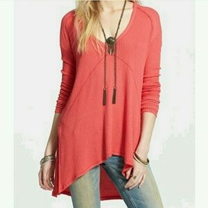 Free People Sunset Park Thermal Oversized Waffle Knit Red Coral Long Sleeve Boho